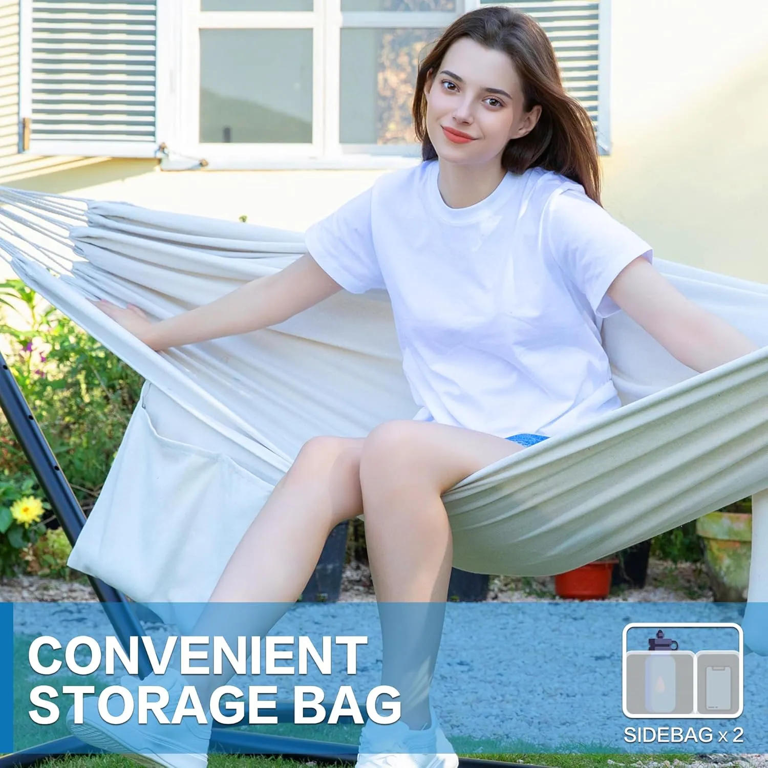 PNAEUT Double Hammock with Space Saving Steel Stand 2 Person Heavy Duty Garden Yard Outdoor 450lb Capacity Hammocks (Beige)