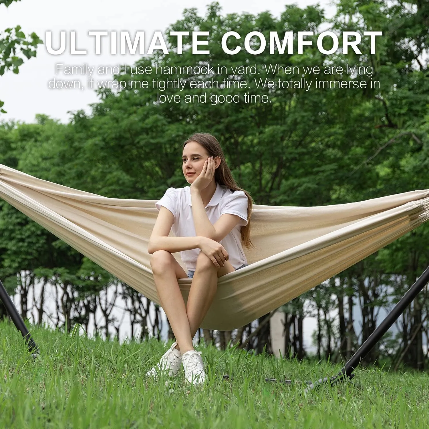 PNAEUT Double Hammock with Space Saving Steel Stand 2 Person Heavy Duty Garden Yard Outdoor 450lb Capacity Hammocks (Beige)