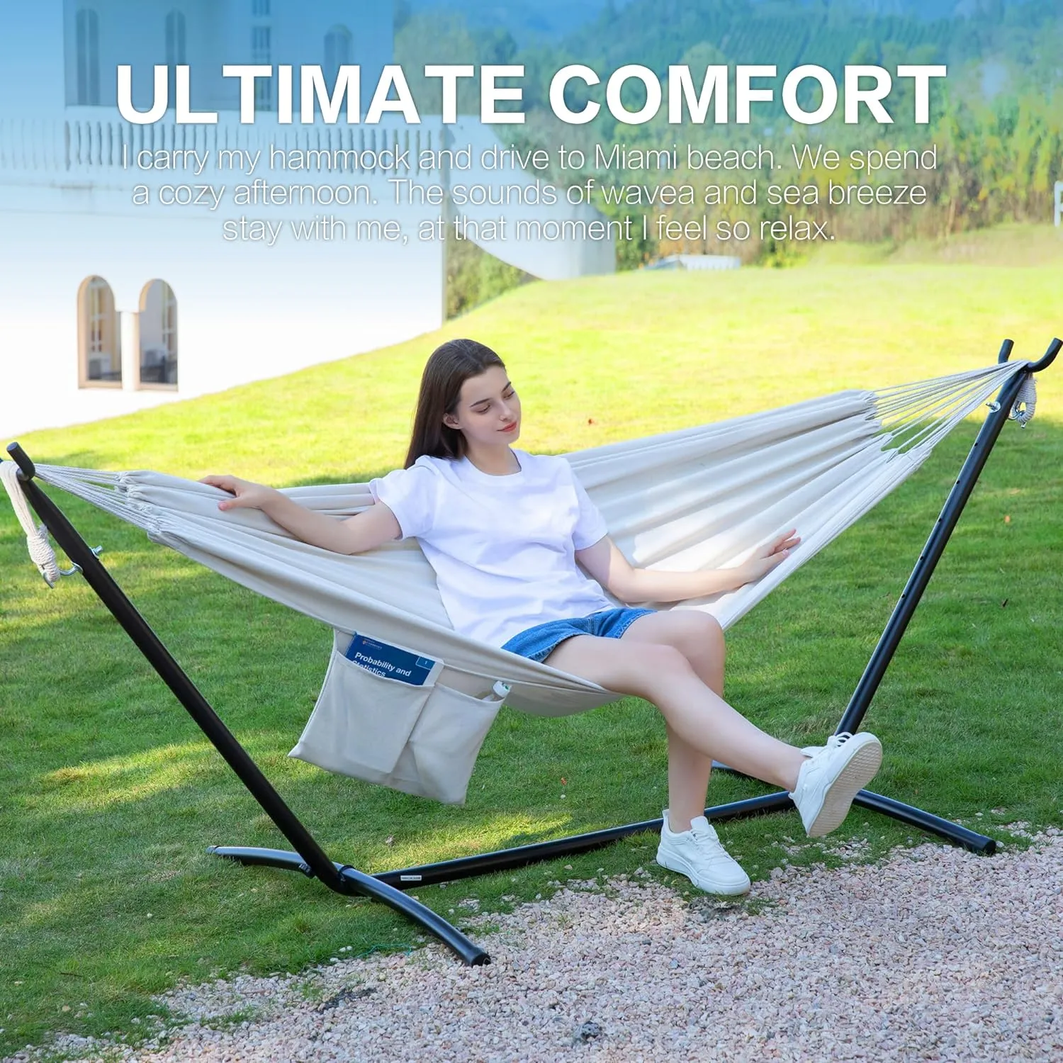 PNAEUT Double Hammock with Space Saving Steel Stand 2 Person Heavy Duty Garden Yard Outdoor 450lb Capacity Hammocks (Beige)
