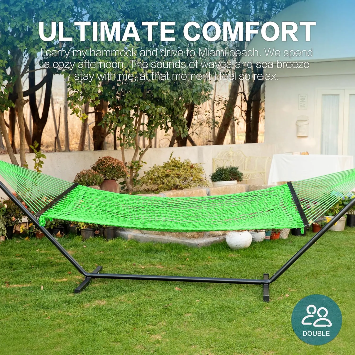 PNAEUT Double Hammock with Stand for Outside, Rope Hammocks with Hardwood Spreader Bar 2 Person, 12ft Heavy Duty Stand, Extra Pillow, Max 475 lbs Capacity (Green)