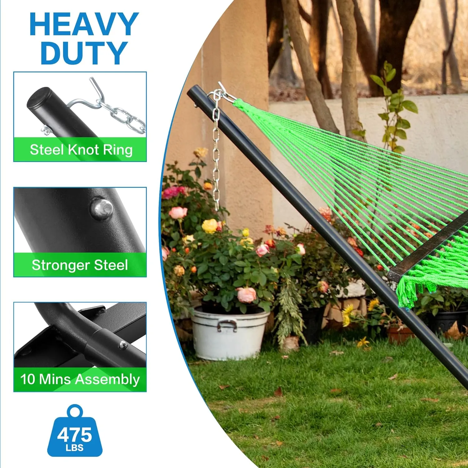 PNAEUT Double Hammock with Stand for Outside, Rope Hammocks with Hardwood Spreader Bar 2 Person, 12ft Heavy Duty Stand, Extra Pillow, Max 475 lbs Capacity (Green)