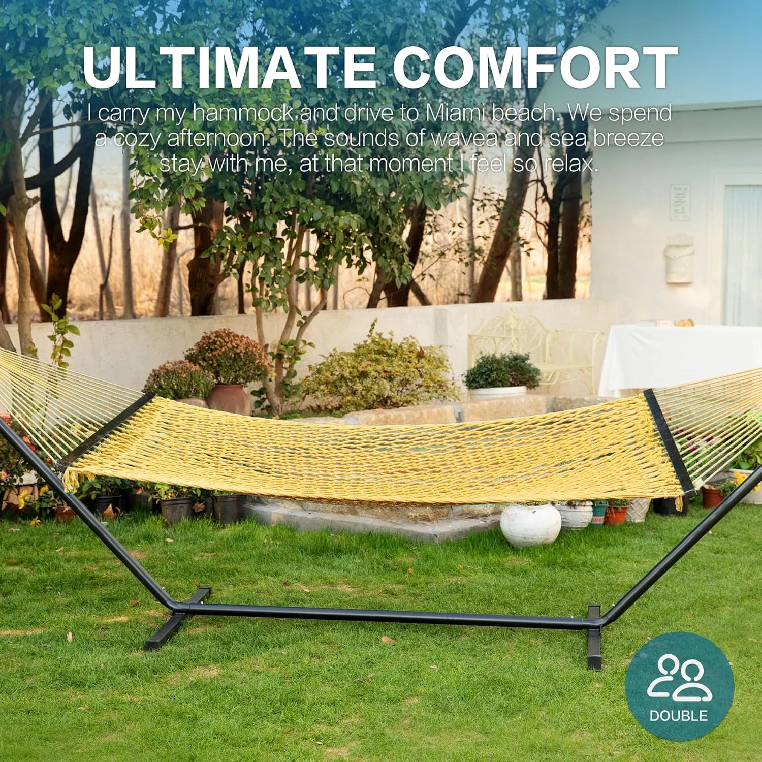 PNAEUT Double Hammock with Stand for Outside, Rope Hammocks with Hardwood Spreader Bar 2 Person, 12ft Heavy Duty Stand, Extra Pillow, Max 475 lbs Capacity (Lemon)