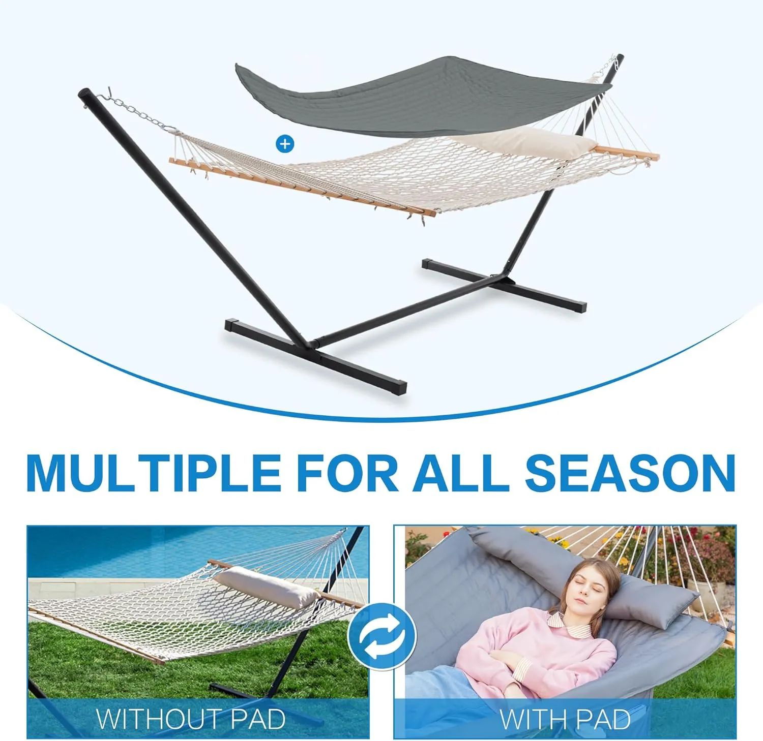 PNAEUT Double Hammock with Stand for Outside, Rope Hammocks with Polyester Pad 2 Person, 12ft Heavy Duty Stand, Extra Pillow, Storage Sidebag, Max 475 lbs Capacity (Gray)