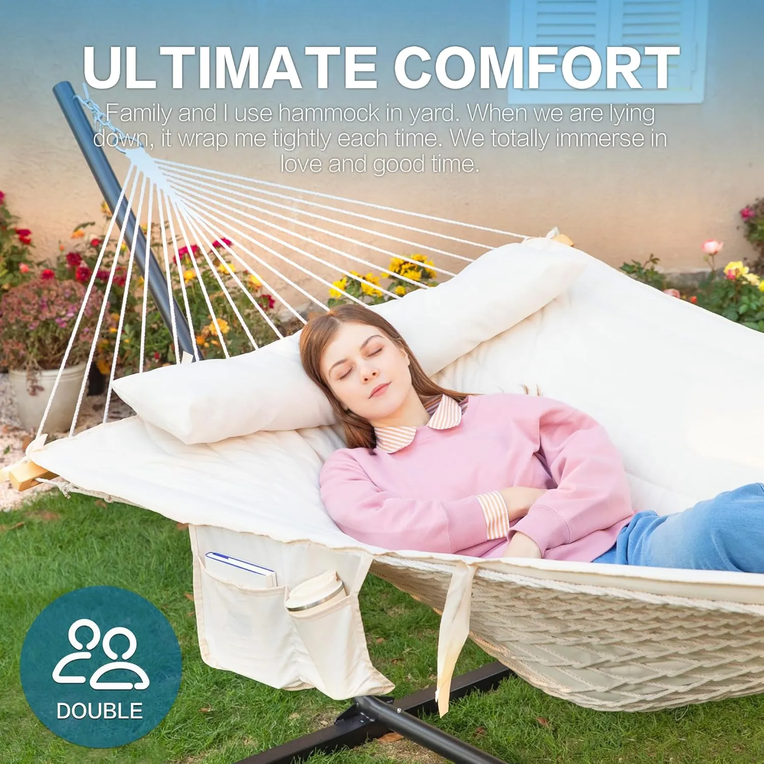 PNAEUT Double Hammock with Stand for Outside, Rope Hammocks with Polyester Pad 2 Person, 12ft Heavy Duty Stand, Extra Pillow, Storage Sidebag, Max 475 lbs Capacity (Pearl White)