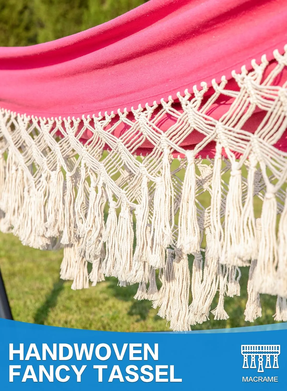 PNAEUT Handmade Tassel Hammocks, Double Hammock with Stand for Outside, Max 450 lbs Capacity, Tree Straps & Carabiners & Pillow & Storage Bag and Portable Carrying Bag Included (Pink)