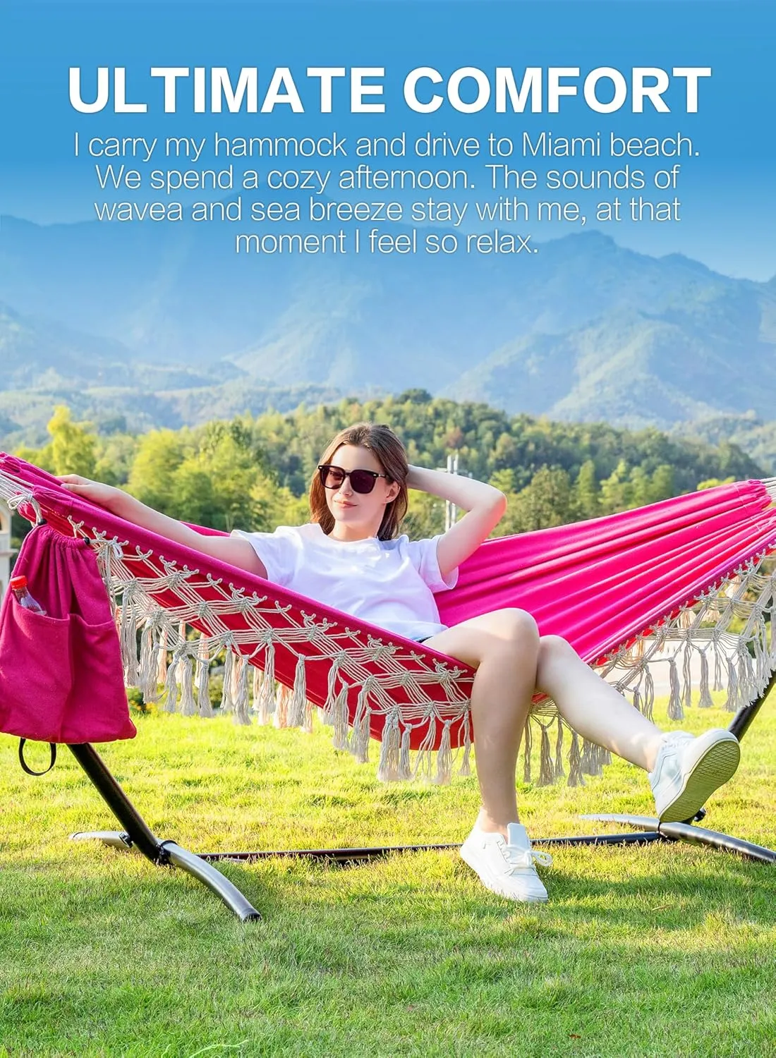 PNAEUT Handmade Tassel Hammocks, Double Hammock with Stand for Outside, Max 450 lbs Capacity, Tree Straps & Carabiners & Pillow & Storage Bag and Portable Carrying Bag Included (Pink)