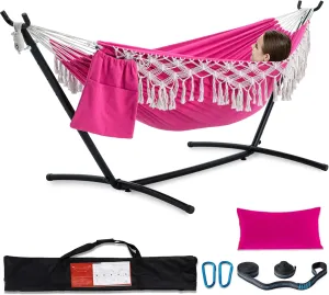PNAEUT Handmade Tassel Hammocks, Double Hammock with Stand for Outside, Max 450 lbs Capacity, Tree Straps & Carabiners & Pillow & Storage Bag and Portable Carrying Bag Included (Pink)