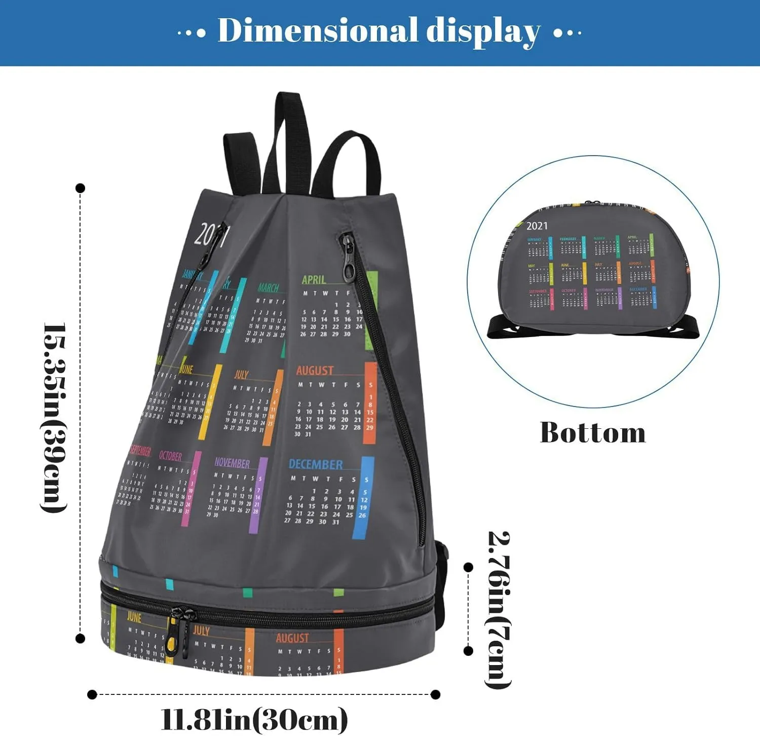 Poeticcity Gym Swimming Drawstring Bags Daypacks Backpack Purse Casual Knapsack Shoulder Bag Sitting Rucksack Colorful Calendar Template Mock up Week starts on Monday on Dark