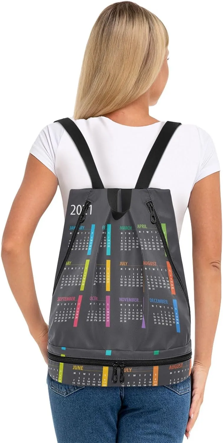 Poeticcity Gym Swimming Drawstring Bags Daypacks Backpack Purse Casual Knapsack Shoulder Bag Sitting Rucksack Colorful Calendar Template Mock up Week starts on Monday on Dark