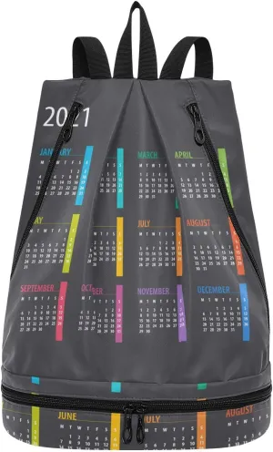 Poeticcity Gym Swimming Drawstring Bags Daypacks Backpack Purse Casual Knapsack Shoulder Bag Sitting Rucksack Colorful Calendar Template Mock up Week starts on Monday on Dark