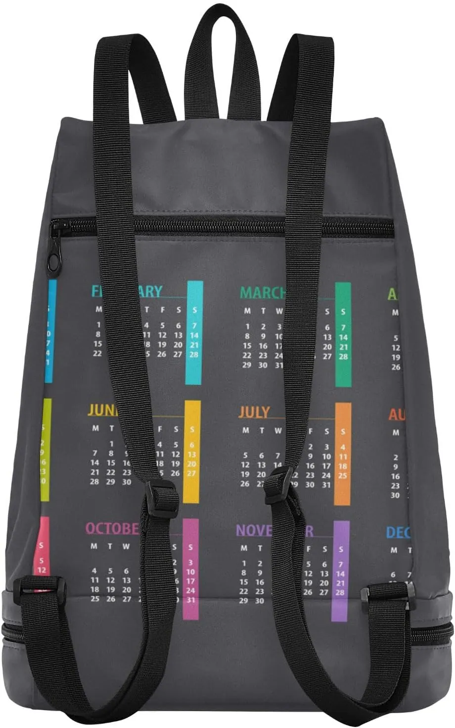Poeticcity Gym Swimming Drawstring Bags Daypacks Backpack Purse Casual Knapsack Shoulder Bag Sitting Rucksack Colorful Calendar Template Mock up Week starts on Monday on Dark
