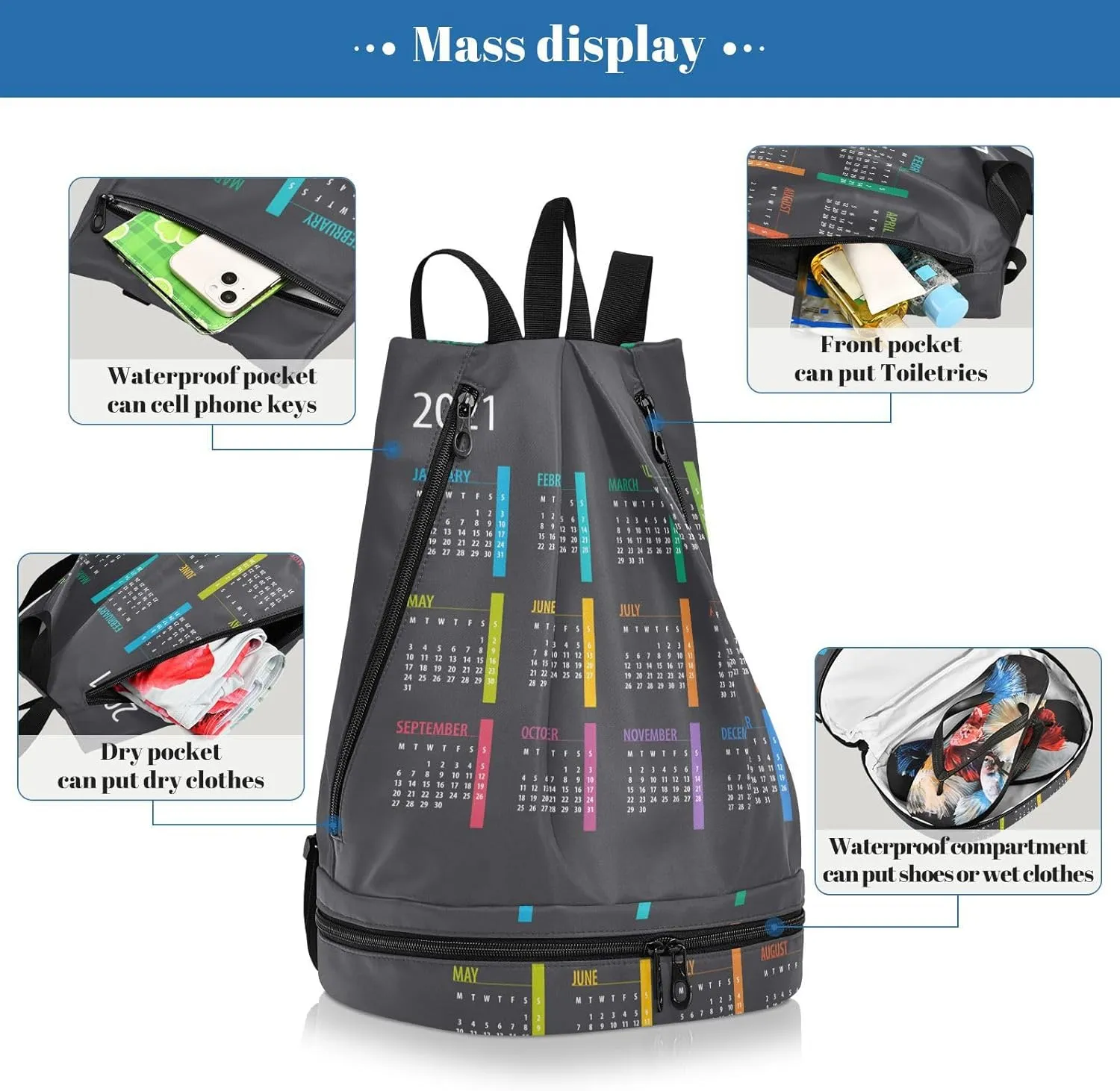 Poeticcity Gym Swimming Drawstring Bags Daypacks Backpack Purse Casual Knapsack Shoulder Bag Sitting Rucksack Colorful Calendar Template Mock up Week starts on Monday on Dark