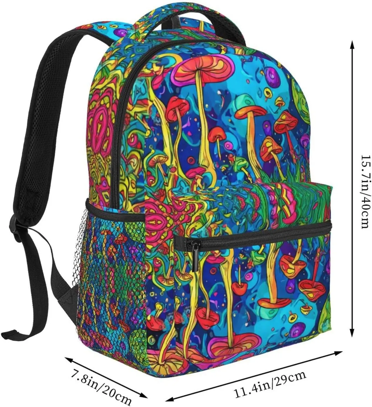 Polyester Daypack for Hiking Work Running - Big Capacity Anti-Theft Multipurpose Shoulder Bag, Colorful Glowing Mushrooms Psychedelic Art Travel and Sport Backpack Rucksack