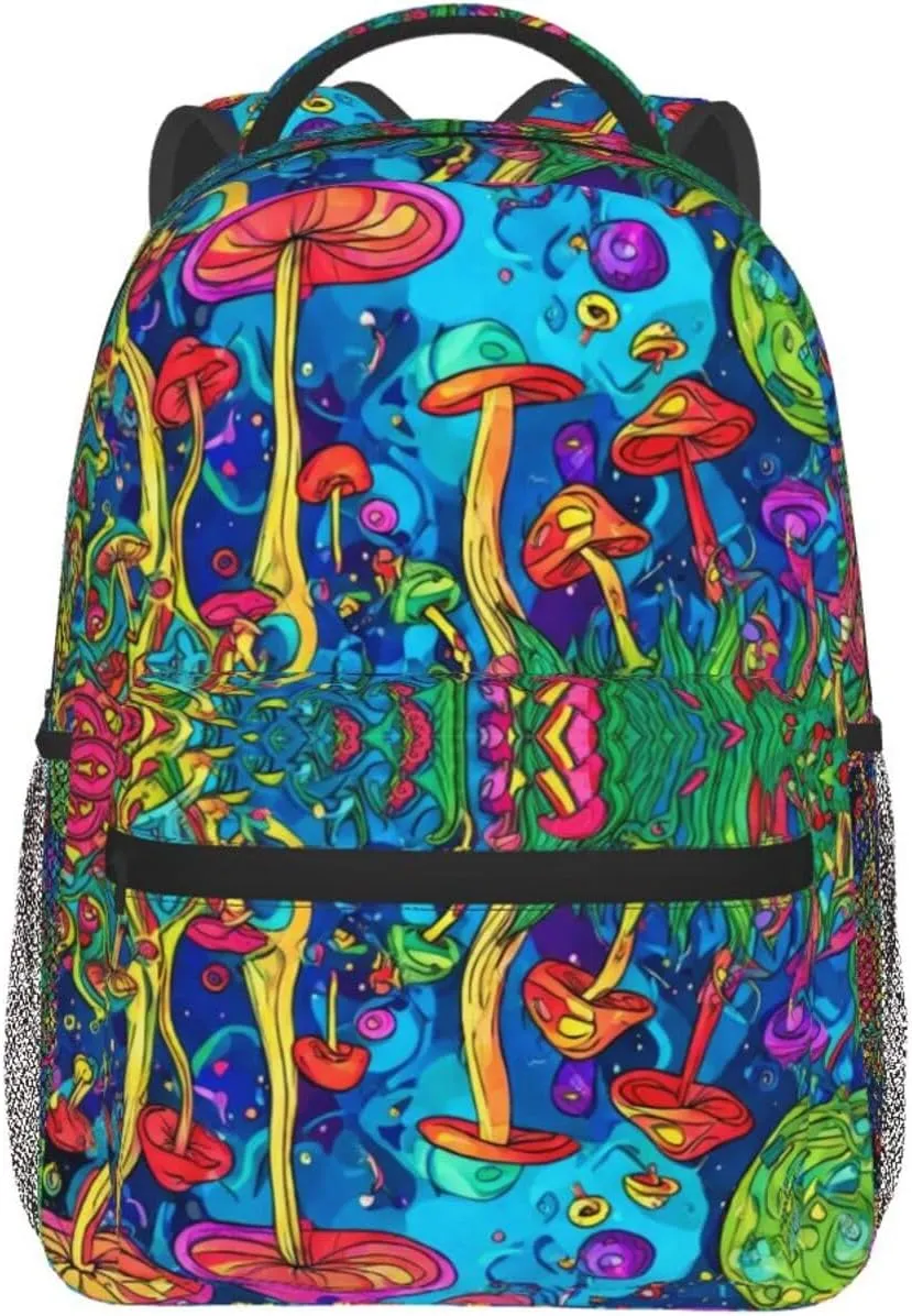 Polyester Daypack for Hiking Work Running - Big Capacity Anti-Theft Multipurpose Shoulder Bag, Colorful Glowing Mushrooms Psychedelic Art Travel and Sport Backpack Rucksack