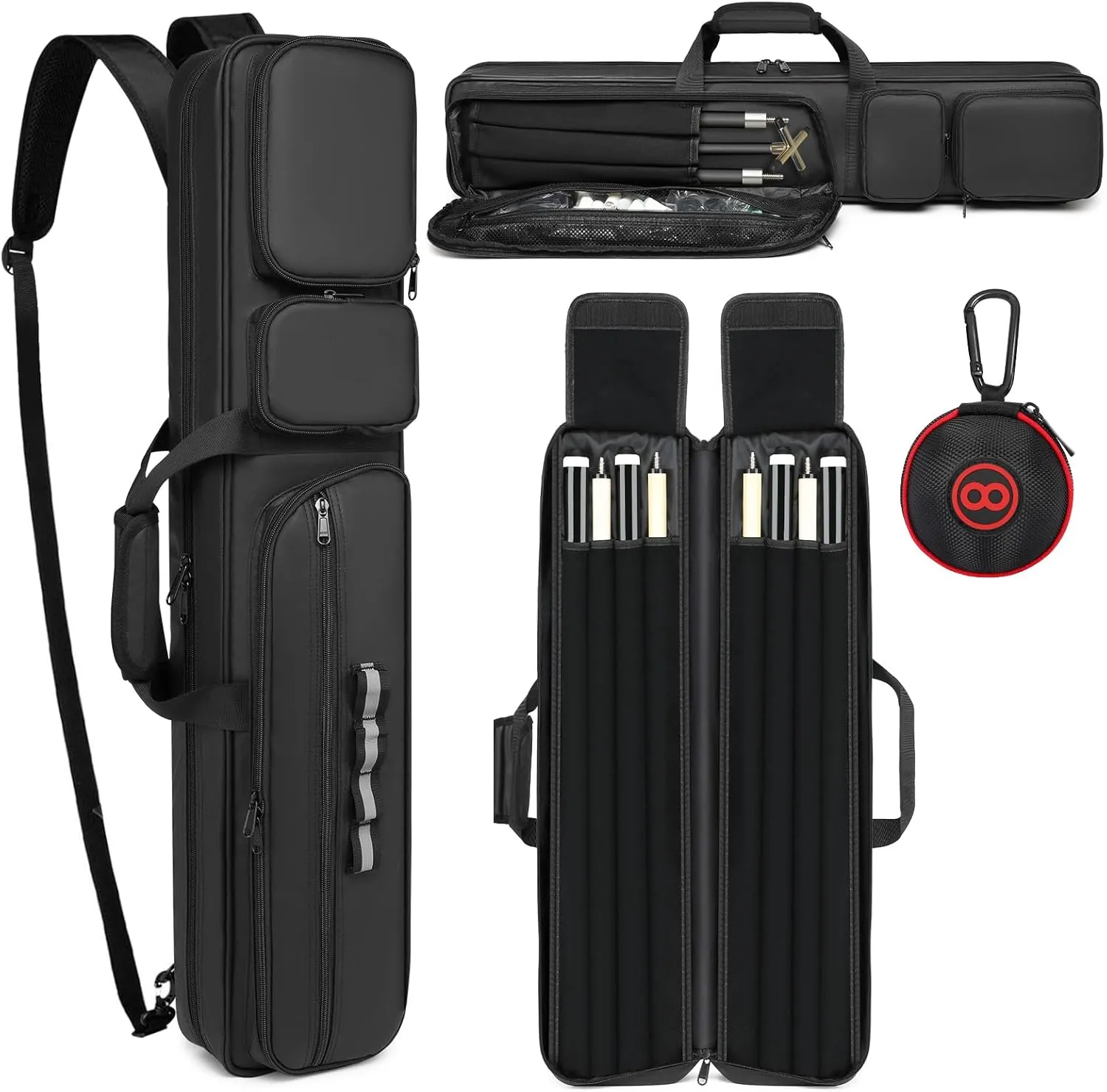Pool Cue Case - 4x4 Padded Pool Cue Bag - Holds 4 Butts and 4 Shafts, Multiple Accessory Pockets