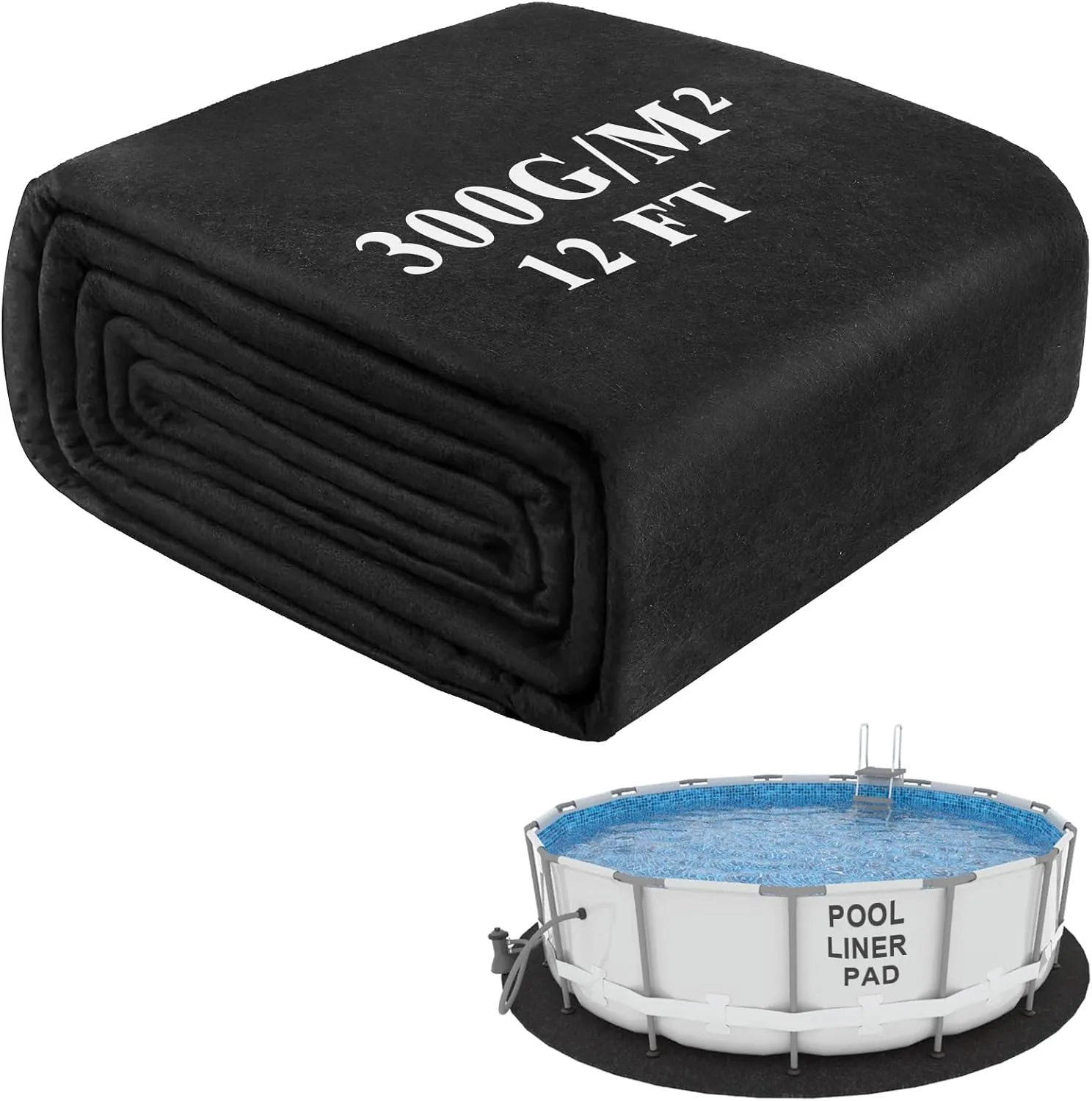 Pool Liner Pad, 12 Foot Round Pool Pads for Above Ground Pool, 300G/M² Thicke Seamless Comfort, Double Density Puncture Resistant Swimming Pool Mats For Floor Can Extend The Life of Pool Liner (Black)