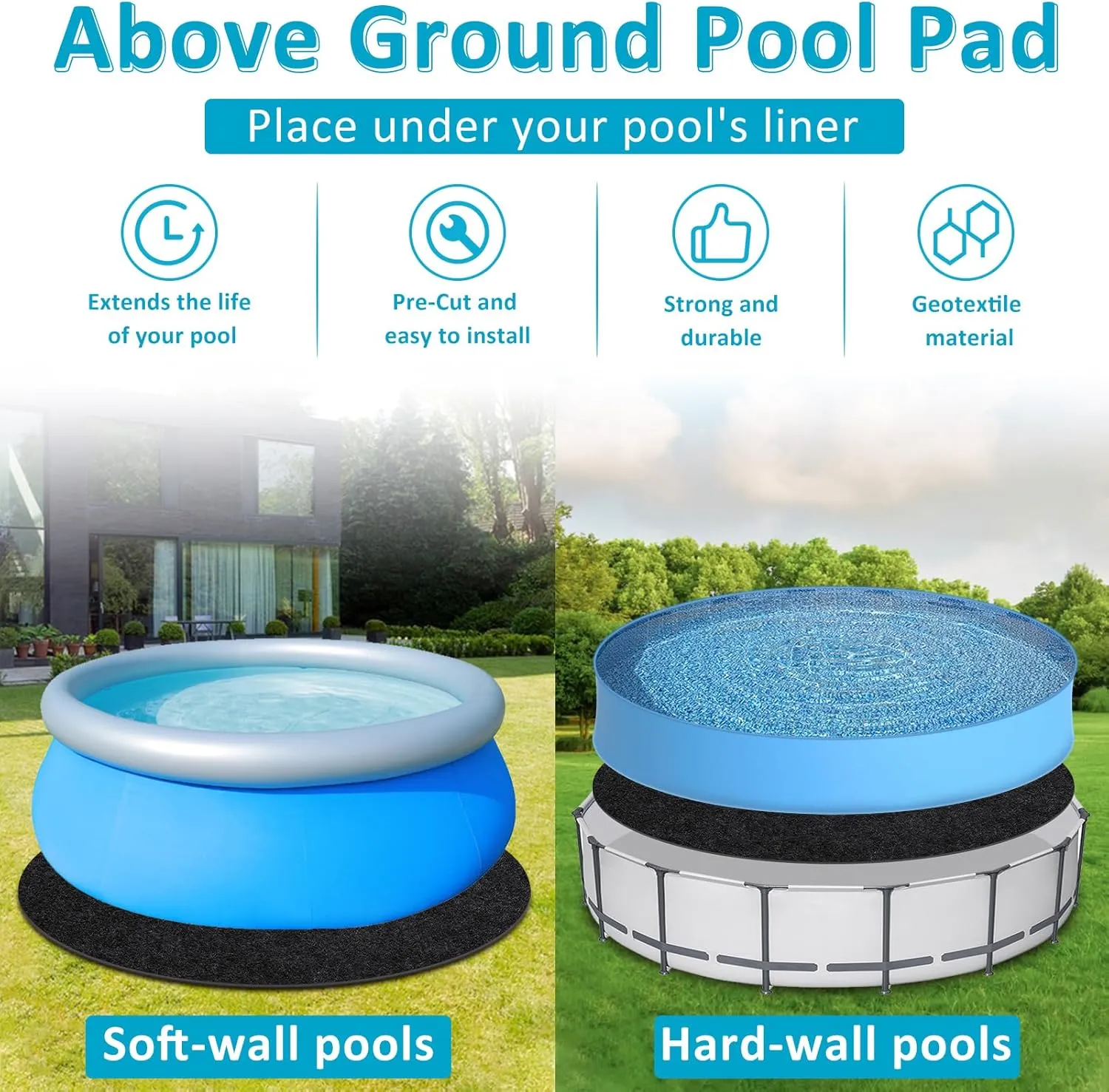 Pool Liner Pad, 12 Foot Round Pool Pads for Above Ground Pool, 300G/M² Thicke Seamless Comfort, Double Density Puncture Resistant Swimming Pool Mats For Floor Can Extend The Life of Pool Liner (Black)