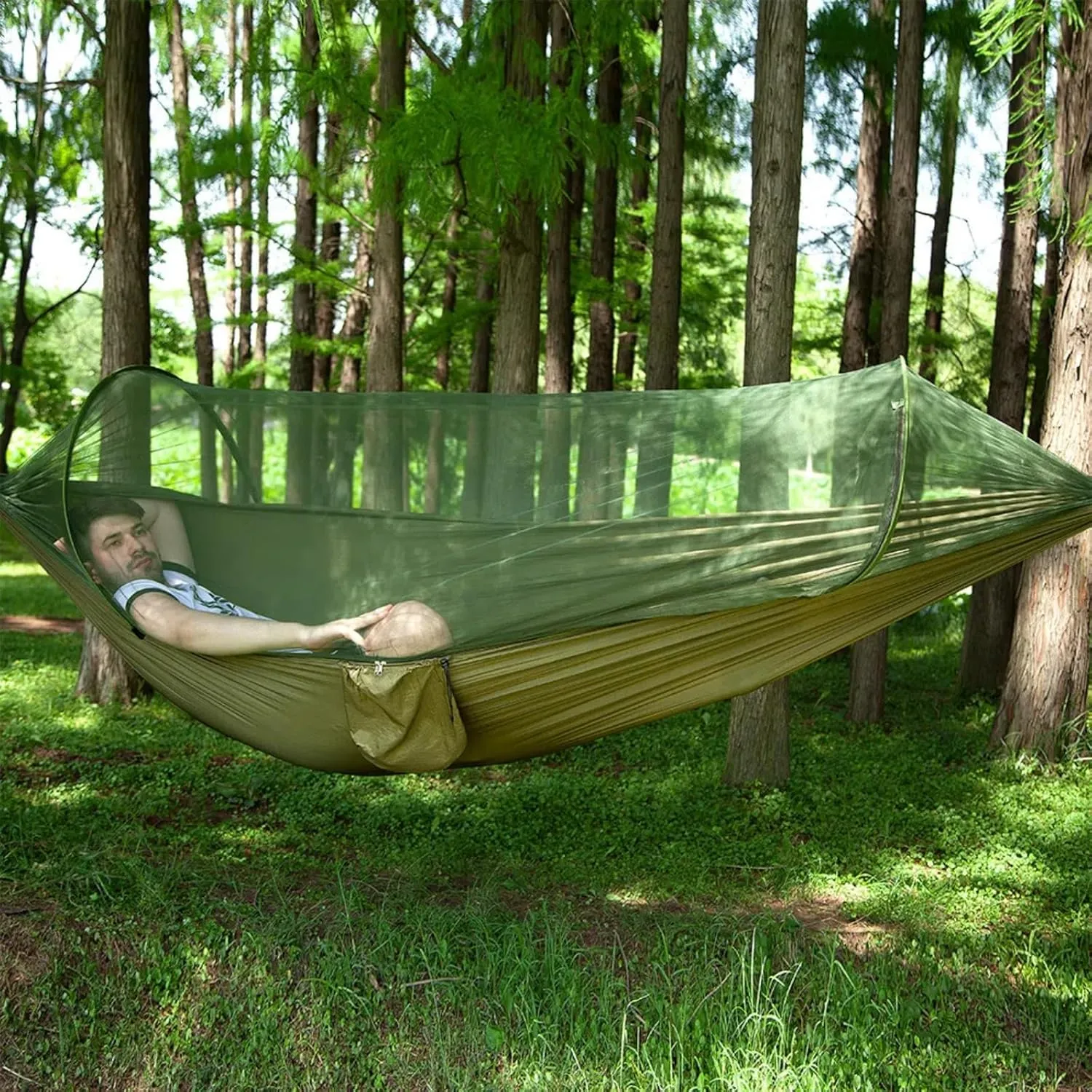 Pop up Hammock with Mosquito net - Ultra Light Outdoor Camping  for Adults with Capacity of 200 kilograms,Hammock Swing for 2 Tree Ties, 2 Black Gold Steel Buckles, Outdoor Storage Bag (Grey Orange)