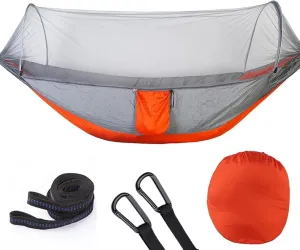 Pop up Hammock with Mosquito net - Ultra Light Outdoor Camping  for Adults with Capacity of 200 kilograms,Hammock Swing for 2 Tree Ties, 2 Black Gold Steel Buckles, Outdoor Storage Bag (Grey Orange)