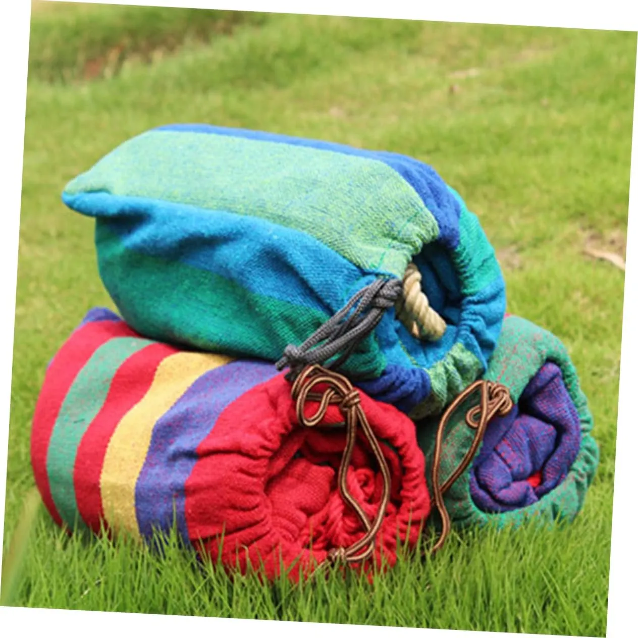 POPETPOP 1set Double Camping Hammock Portable Rainbow Striped Canvas Swing for Outdoor Relaxation Fishing and Hiking Lightweight and Easy to Carry