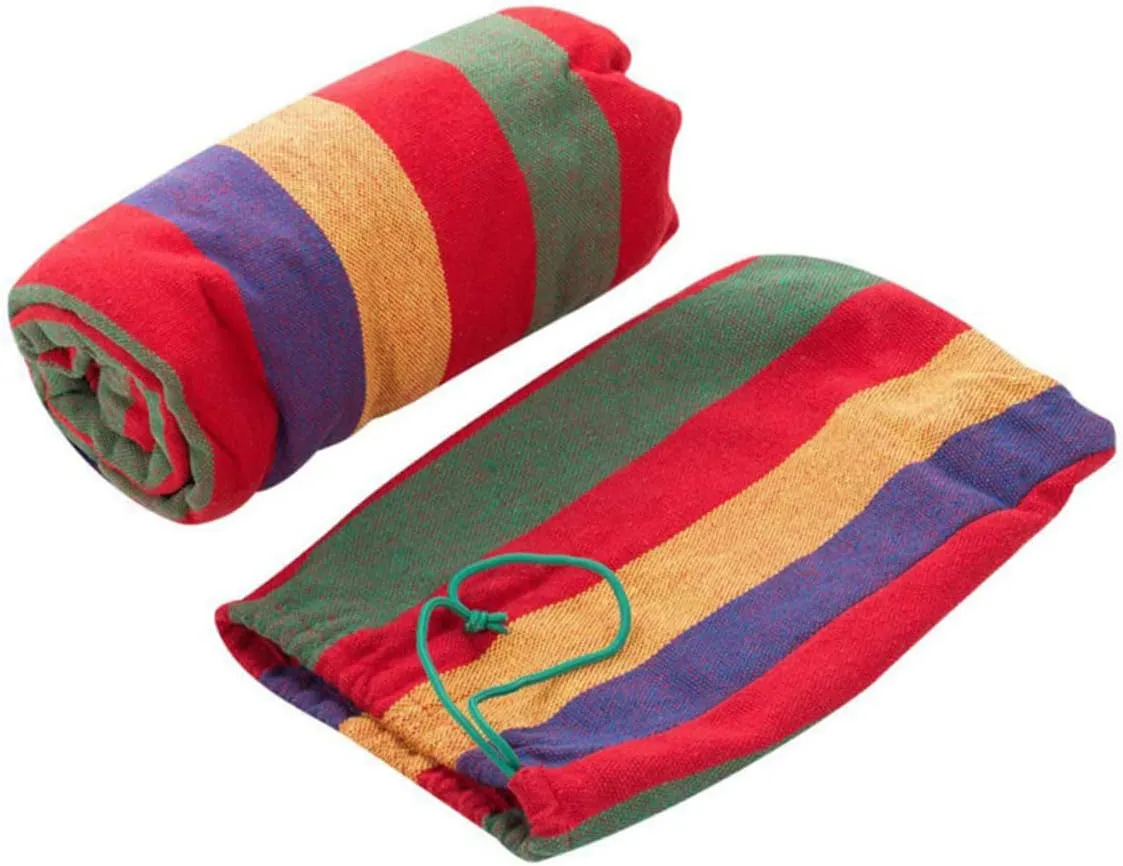 POPETPOP 1set Double Camping Hammock Portable Rainbow Striped Canvas Swing for Outdoor Relaxation Fishing and Hiking Lightweight and Easy to Carry