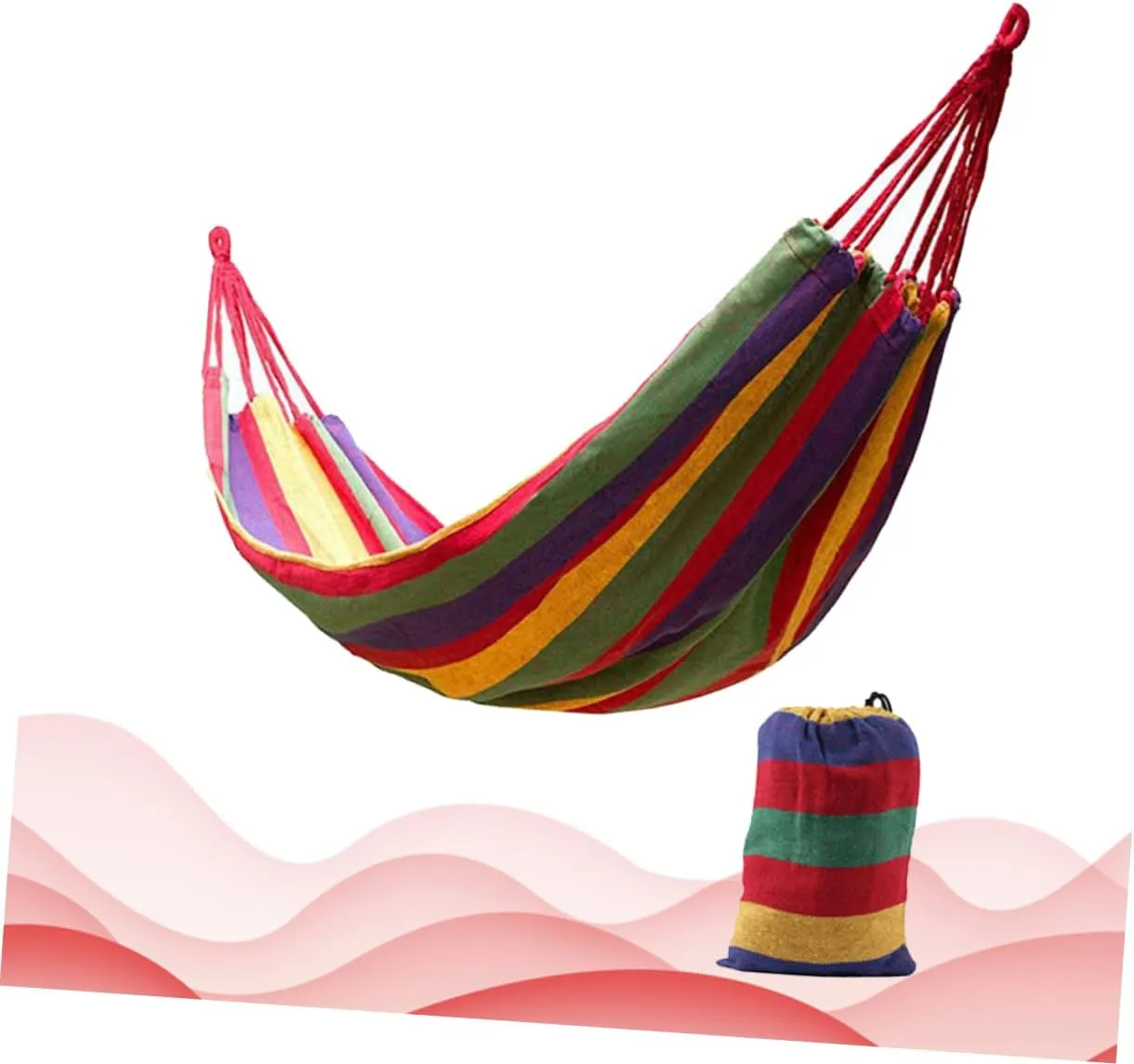 POPETPOP 1set Double Camping Hammock Portable Rainbow Striped Canvas Swing for Outdoor Relaxation Fishing and Hiking Lightweight and Easy to Carry