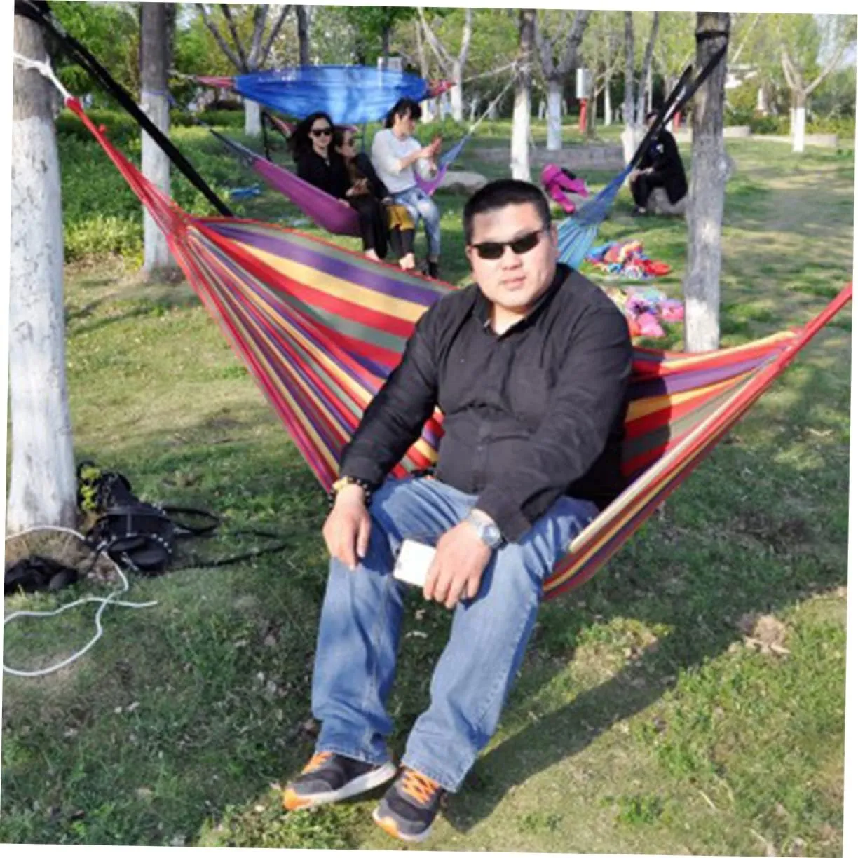 POPETPOP 1set Double Camping Hammock Portable Rainbow Striped Canvas Swing for Outdoor Relaxation Fishing and Hiking Lightweight and Easy to Carry