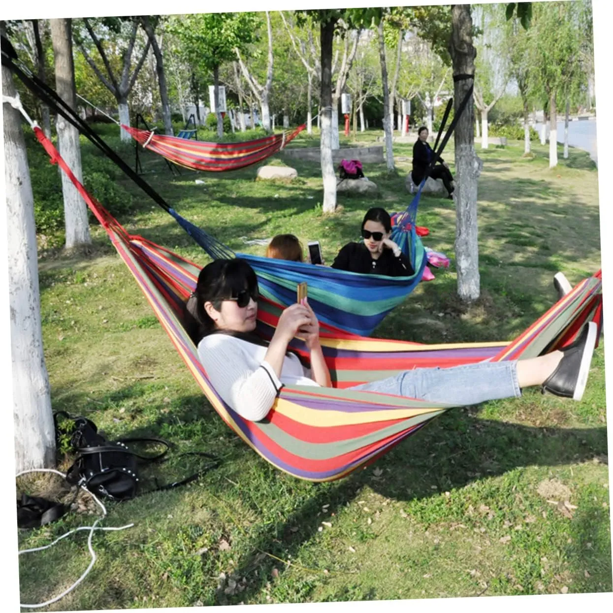 POPETPOP 1set Double Camping Hammock Portable Rainbow Striped Canvas Swing for Outdoor Relaxation Fishing and Hiking Lightweight and Easy to Carry