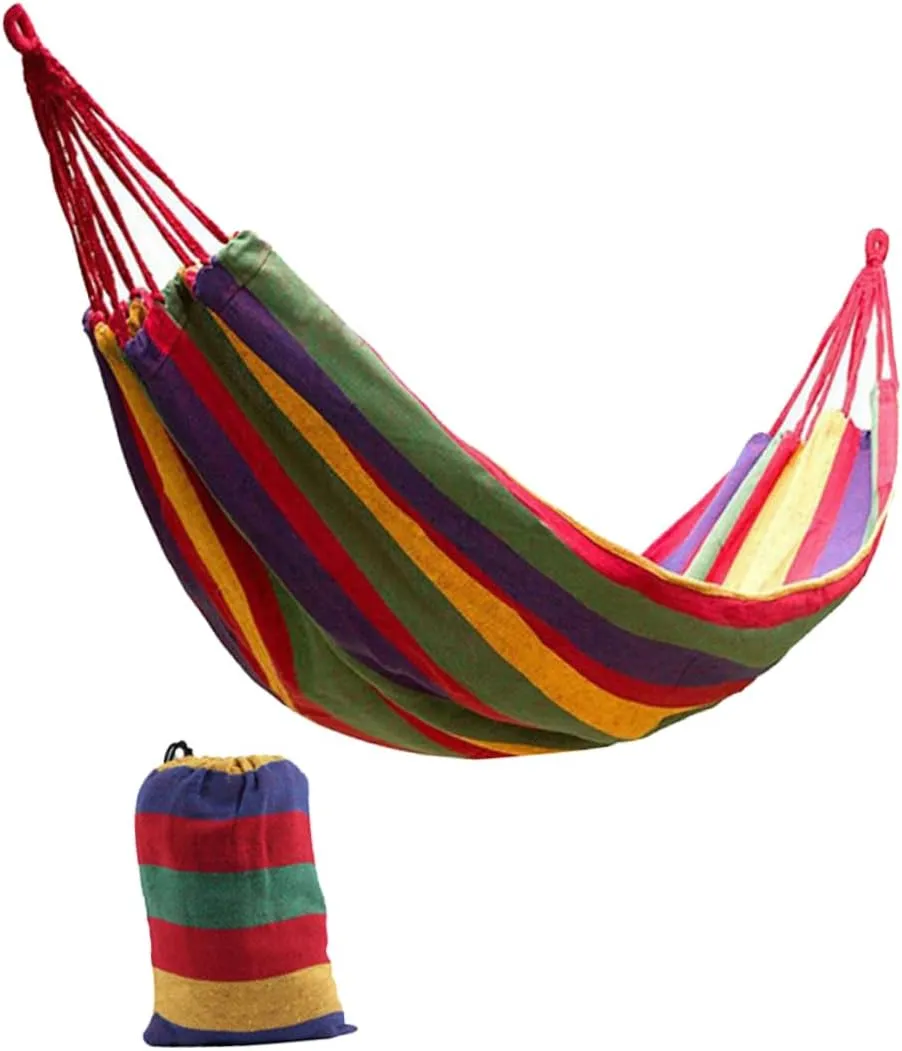 POPETPOP 1set Double Camping Hammock Portable Rainbow Striped Canvas Swing for Outdoor Relaxation Fishing and Hiking Lightweight and Easy to Carry