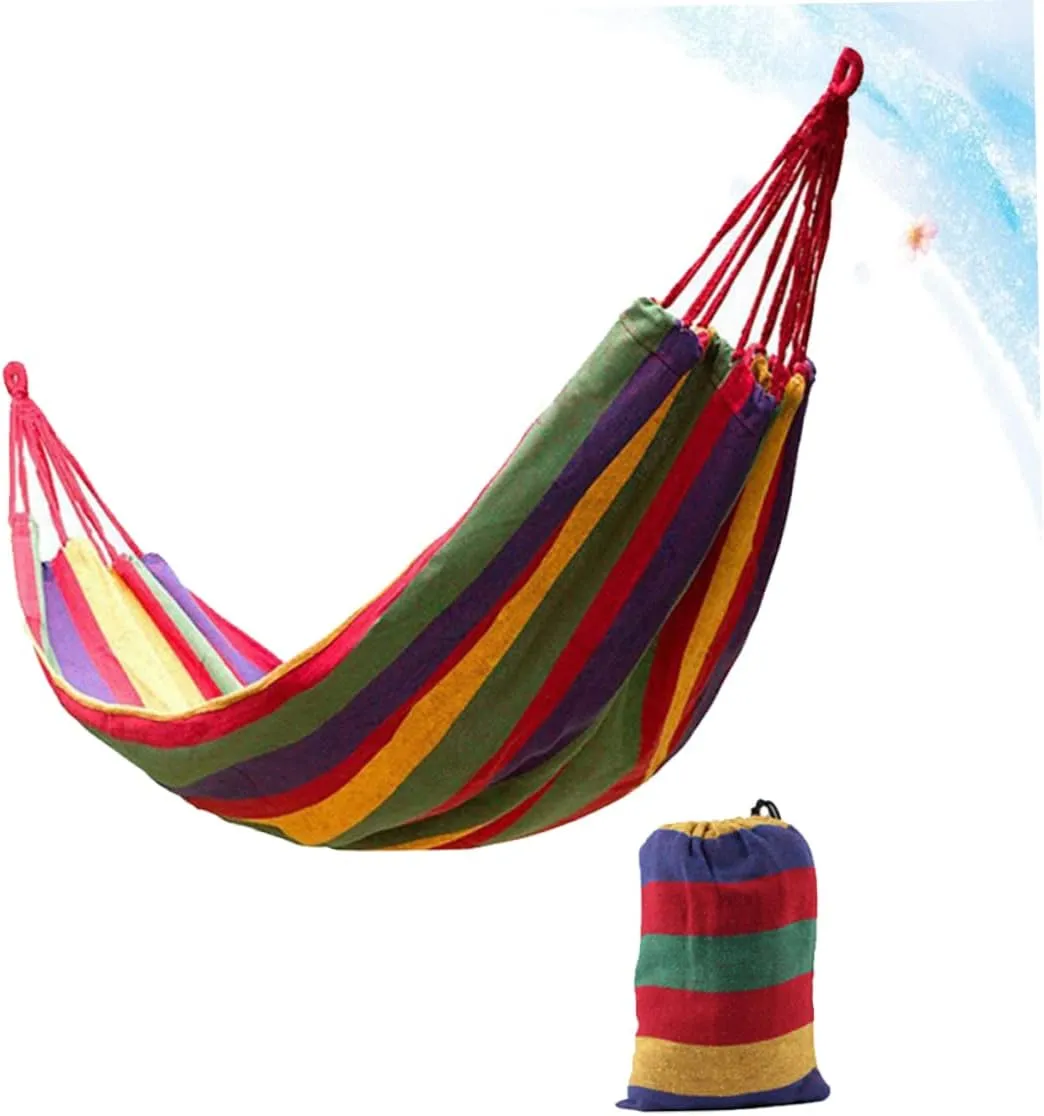 POPETPOP 1set Double Camping Hammock Portable Rainbow Striped Canvas Swing for Outdoor Relaxation Fishing and Hiking Lightweight and Easy to Carry