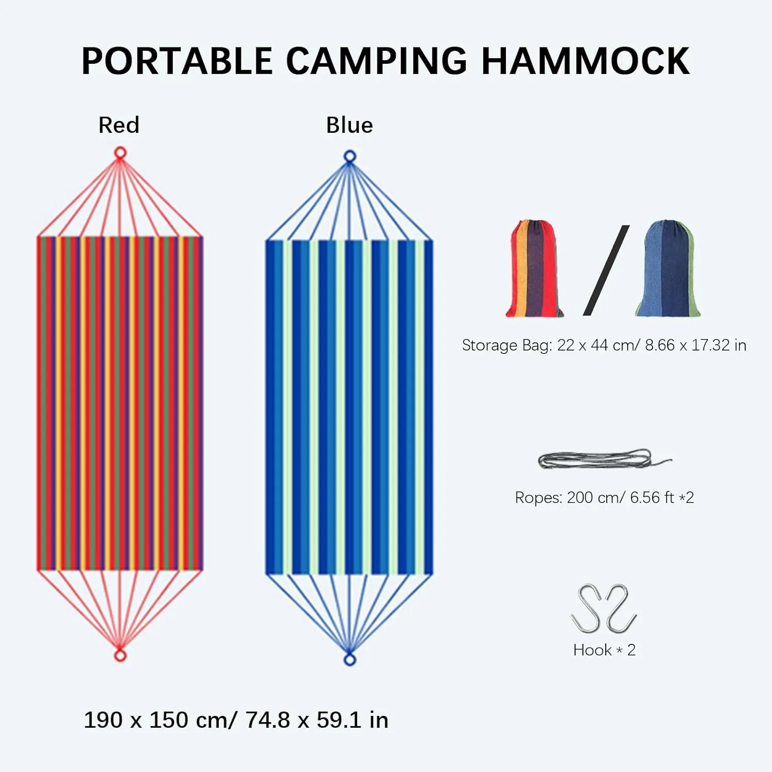 Portable Camping Double Hammock, 661 Lbs Capacity, with Carry Bag, Ropes and Hooks, for Indoor Outdoor Use (Red)