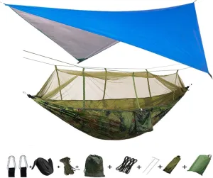Portable Camping Hammock with Mosquito net and rain Cloth, Hammock Canopy Nylon Hammock Double Hammock Hiking Terrace Furniture Blue and Camouflage