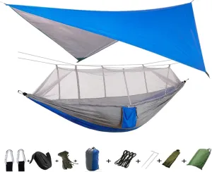 Portable Camping Hammock with Mosquito net and rain Cloth, Hammock Canopy Nylon Hammock Double Hammock Hiking Terrace Furniture Blue Grey