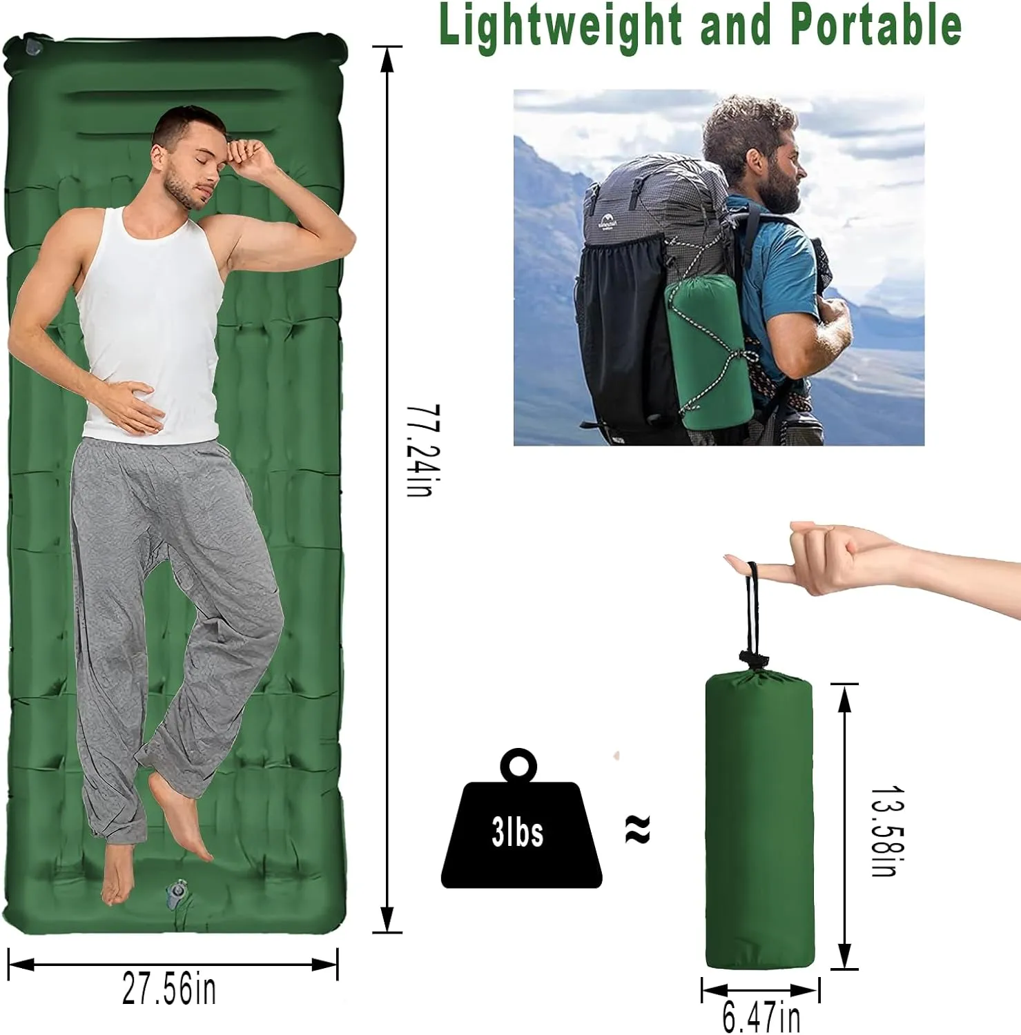Portable Camping Sleeping Pad, 4” Thick Camping Mat, Inflatable Camping Mattress with Built-in Pillow and Foot Pump, Suitable for Camping, Hiking, Backpacking (Green)