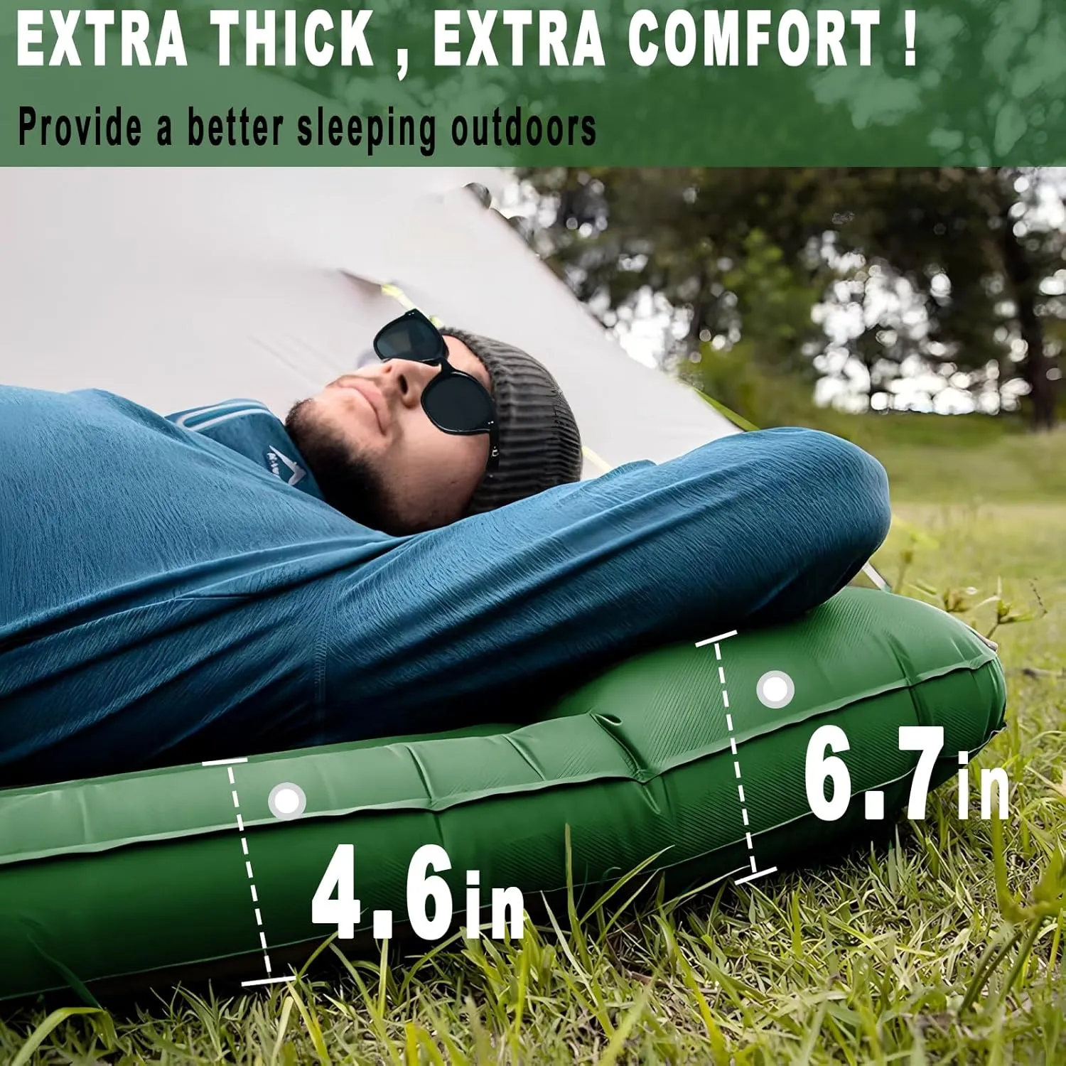 Portable Camping Sleeping Pad, 4” Thick Camping Mat, Inflatable Camping Mattress with Built-in Pillow and Foot Pump, Suitable for Camping, Hiking, Backpacking (Green)