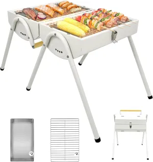 Portable Charcoal Grill, Foldable BBQ Grill with 232 Sq In Cooking Area, Dual-Sided Smoker Compact Small Outdoor Grill for Camping, Backyard, Travel - White