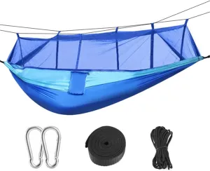 Portable Double Camping Hammock with Mosquito Net, 600lbs High Strength Nylon Outdoor Swing Bed for Hiking, Camping, Includes Carry Bag, Strap Hook, Ideal for 2 Persons