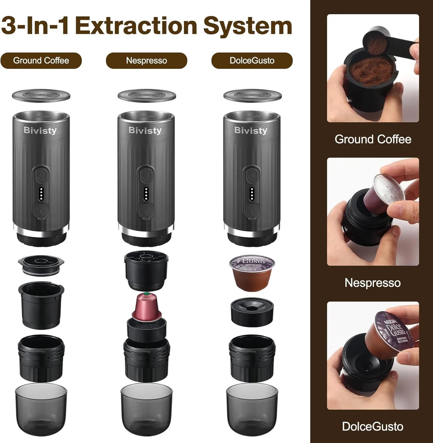 Portable Espresso Maker, Wireless Self-heating, Travel Coffee Maker, 80ml Water Tank, Ground Coffee Compatible with Nespresso & Dolce Gusto for Travel, Camping, Hiking, Office (Grey)