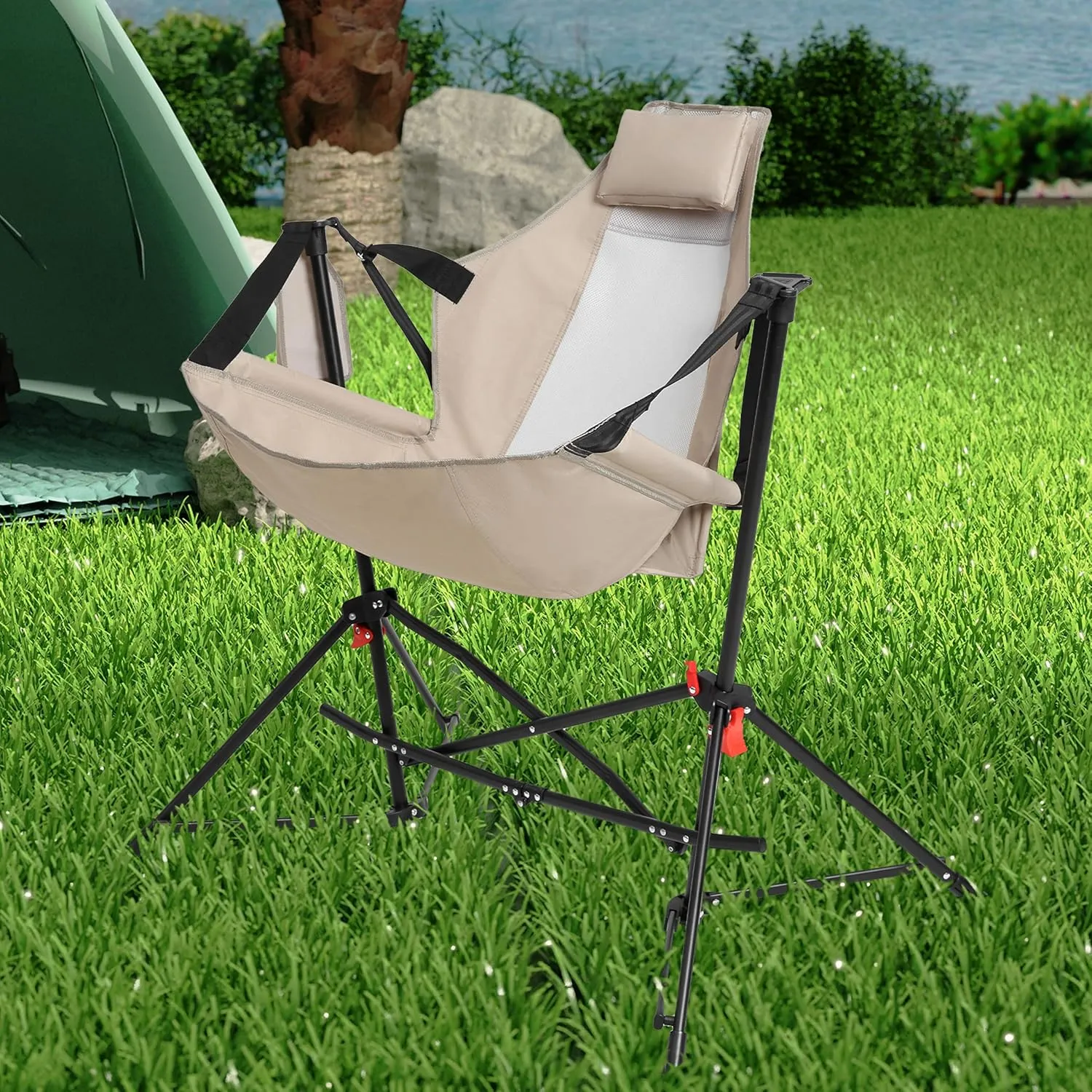 Portable Hammock Camping Chairs - Lightweight Adjustable Rocking Recliner with Pillow & Cup Holder, Foldable Aluminum Alloy Outdoor Chair for Backyard, Hiking, Travel, Concerts, Supports 300lbs