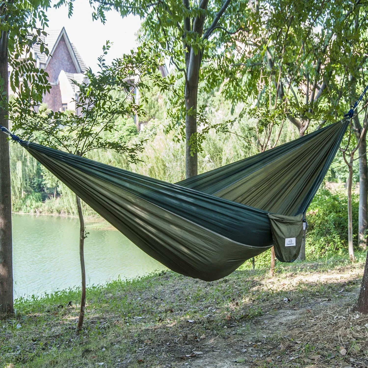Portable Parachute Camping Hammocks Lightweight Nylon Fabric Travel Hammock (Army/Olive, 295cm x 198cm/Double)