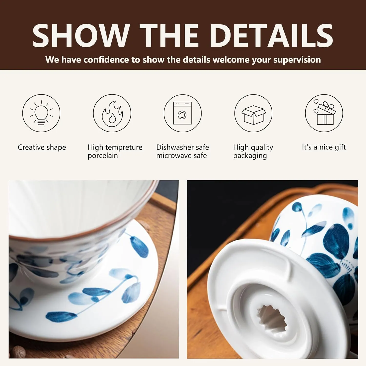Pour Over Coffee Maker Set, 60 Angle ceramic Pour Over Coffee Maker Dripper Filter & Decanter for 1-4 People, Ceramic Coffee Dripper Set with 100 Count Paper Coffee Filters(Coffee Filter  Kettle)