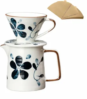 Pour Over Coffee Maker Set, 60 Angle ceramic Pour Over Coffee Maker Dripper Filter & Decanter for 1-4 People, Ceramic Coffee Dripper Set with 100 Count Paper Coffee Filters(Coffee Filter  Kettle)