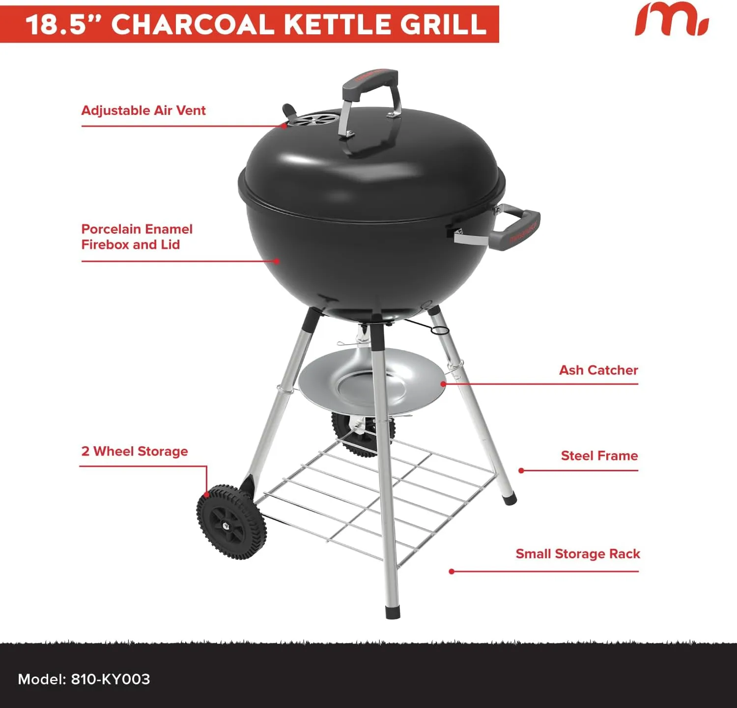 Premium Charcoal Grill, 18" Heavy Duty Charcoal Kettle Grill, Outdoor Cooking, Camping Patio, Backyard, Tailgating, Black