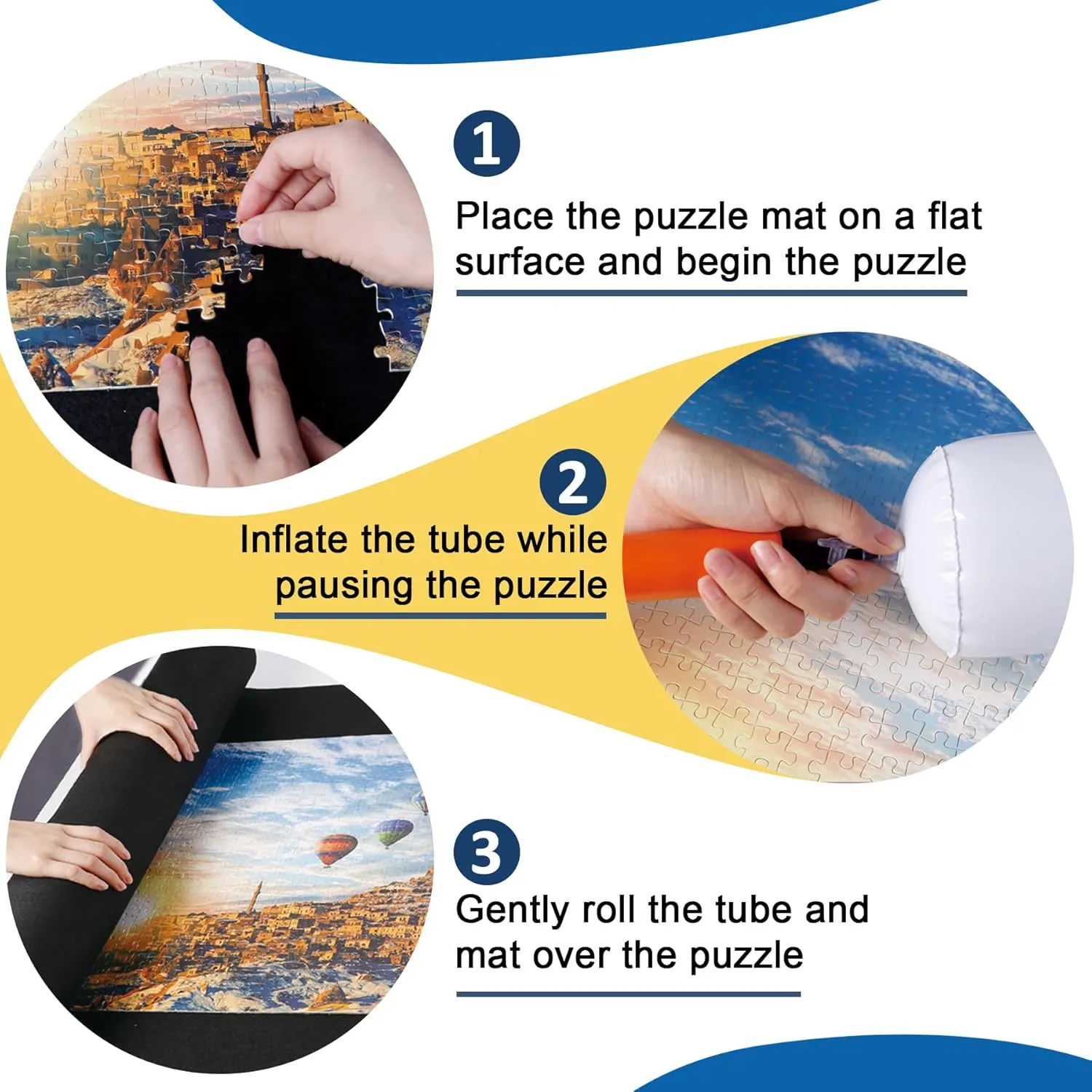 Puzzle Mat Roll Up for 3000 2000 1500 Pieces Jigsaw Puzzles, Large Portable Pad Table Non-Slip Board Saver Mats with 6 Sorting Trays, Inflatable Tube, 3 Straps, Keeper Storage Bag, Adults Kids Gifts