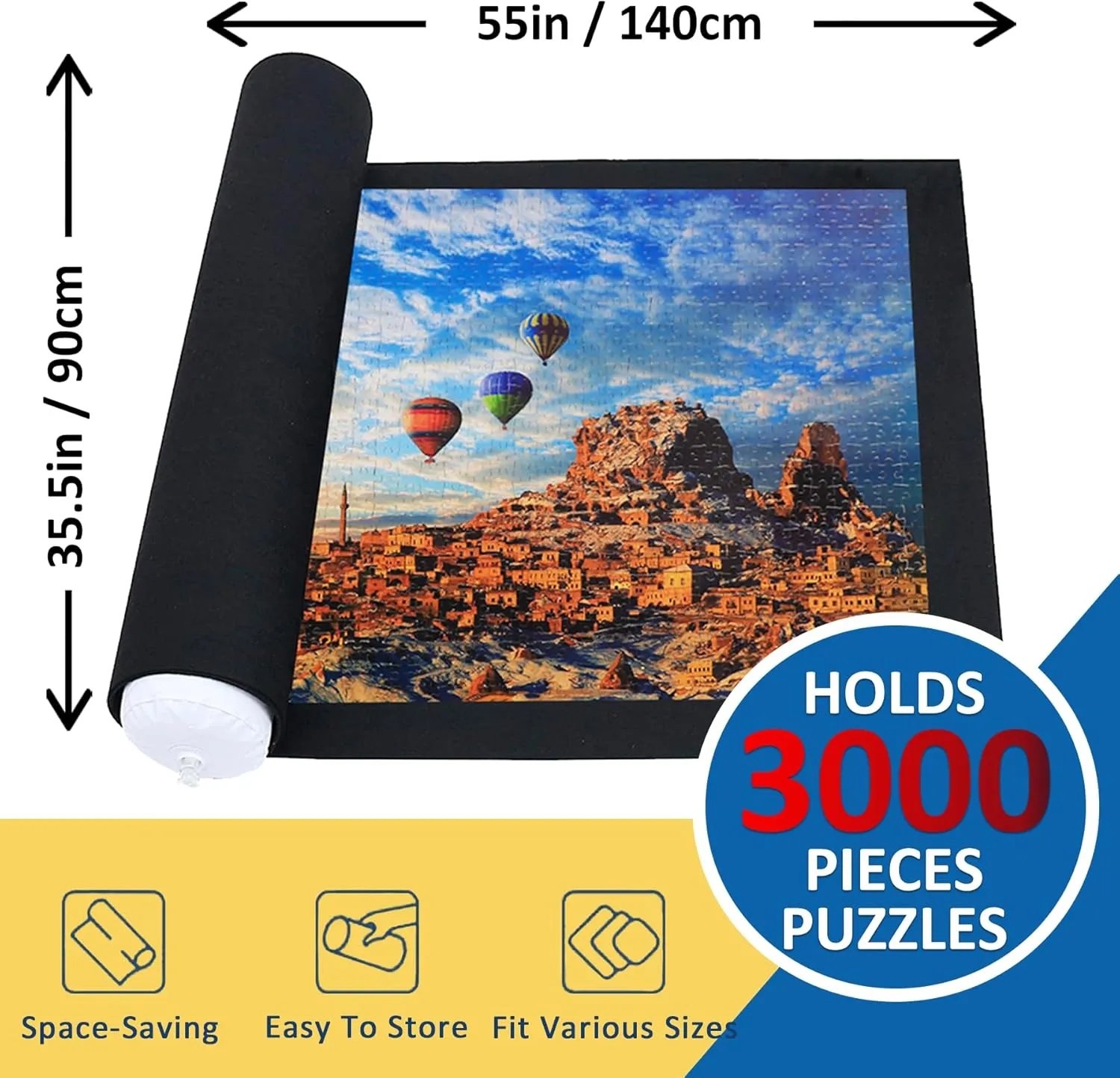 Puzzle Mat Roll Up for 3000 2000 1500 Pieces Jigsaw Puzzles, Large Portable Pad Table Non-Slip Board Saver Mats with 6 Sorting Trays, Inflatable Tube, 3 Straps, Keeper Storage Bag, Adults Kids Gifts