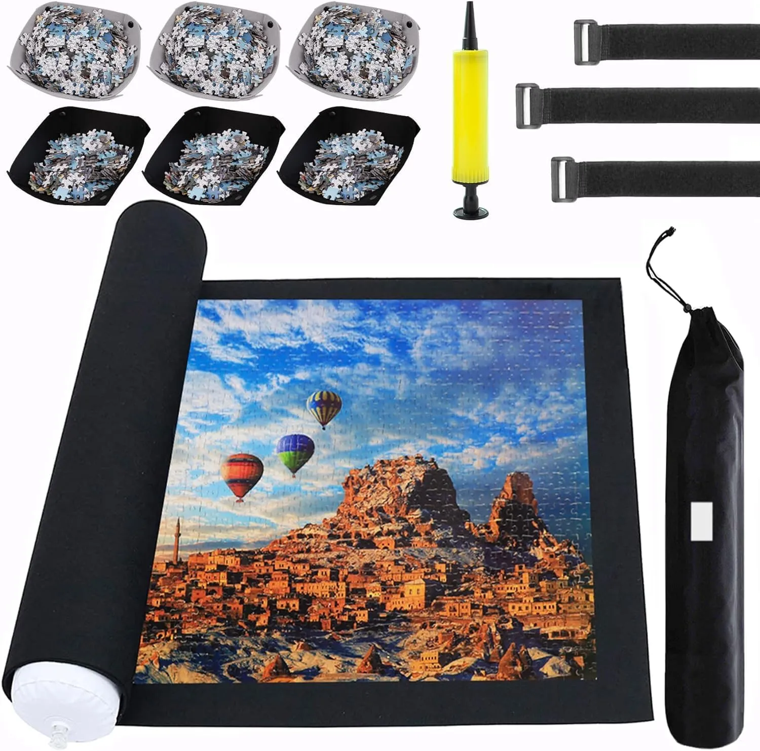 Puzzle Mat Roll Up for 3000 2000 1500 Pieces Jigsaw Puzzles, Large Portable Pad Table Non-Slip Board Saver Mats with 6 Sorting Trays, Inflatable Tube, 3 Straps, Keeper Storage Bag, Adults Kids Gifts