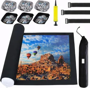 Puzzle Mat Roll Up for 3000 2000 1500 Pieces Jigsaw Puzzles, Large Portable Pad Table Non-Slip Board Saver Mats with 6 Sorting Trays, Inflatable Tube, 3 Straps, Keeper Storage Bag, Adults Kids Gifts
