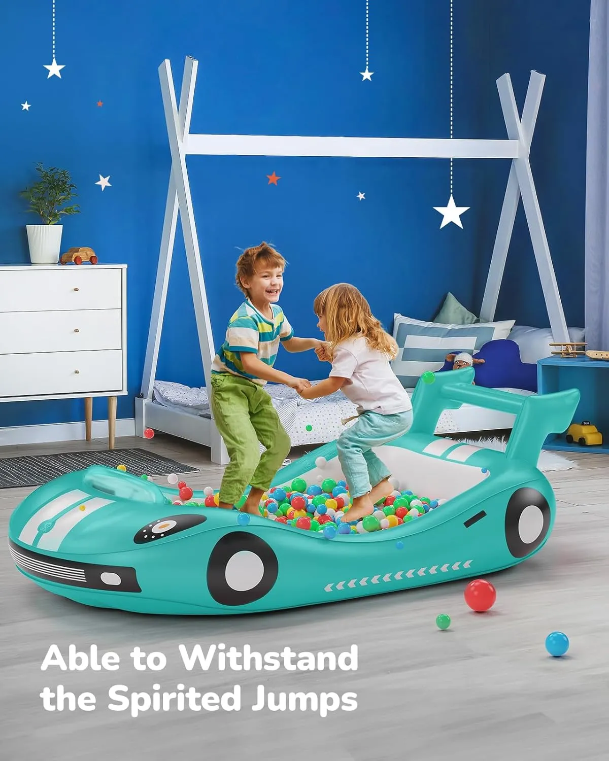 QPAU Inflatable Kids Bed, Toddler Travel Bed with Sides, for Camping, Traveling, Hotel, or Home Use, Hand Pump Included (Cyan)