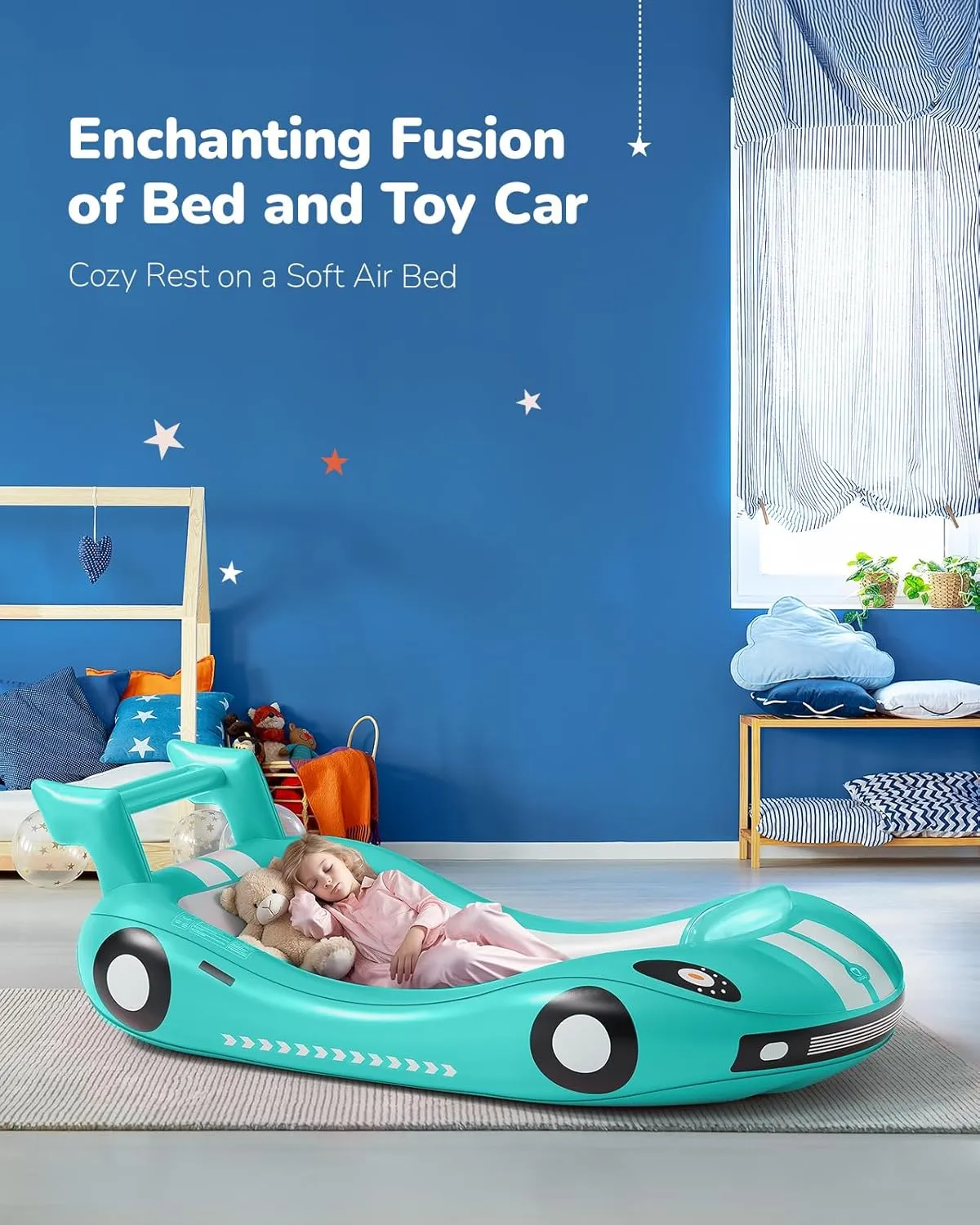 QPAU Inflatable Kids Bed, Toddler Travel Bed with Sides, for Camping, Traveling, Hotel, or Home Use, Hand Pump Included (Cyan)
