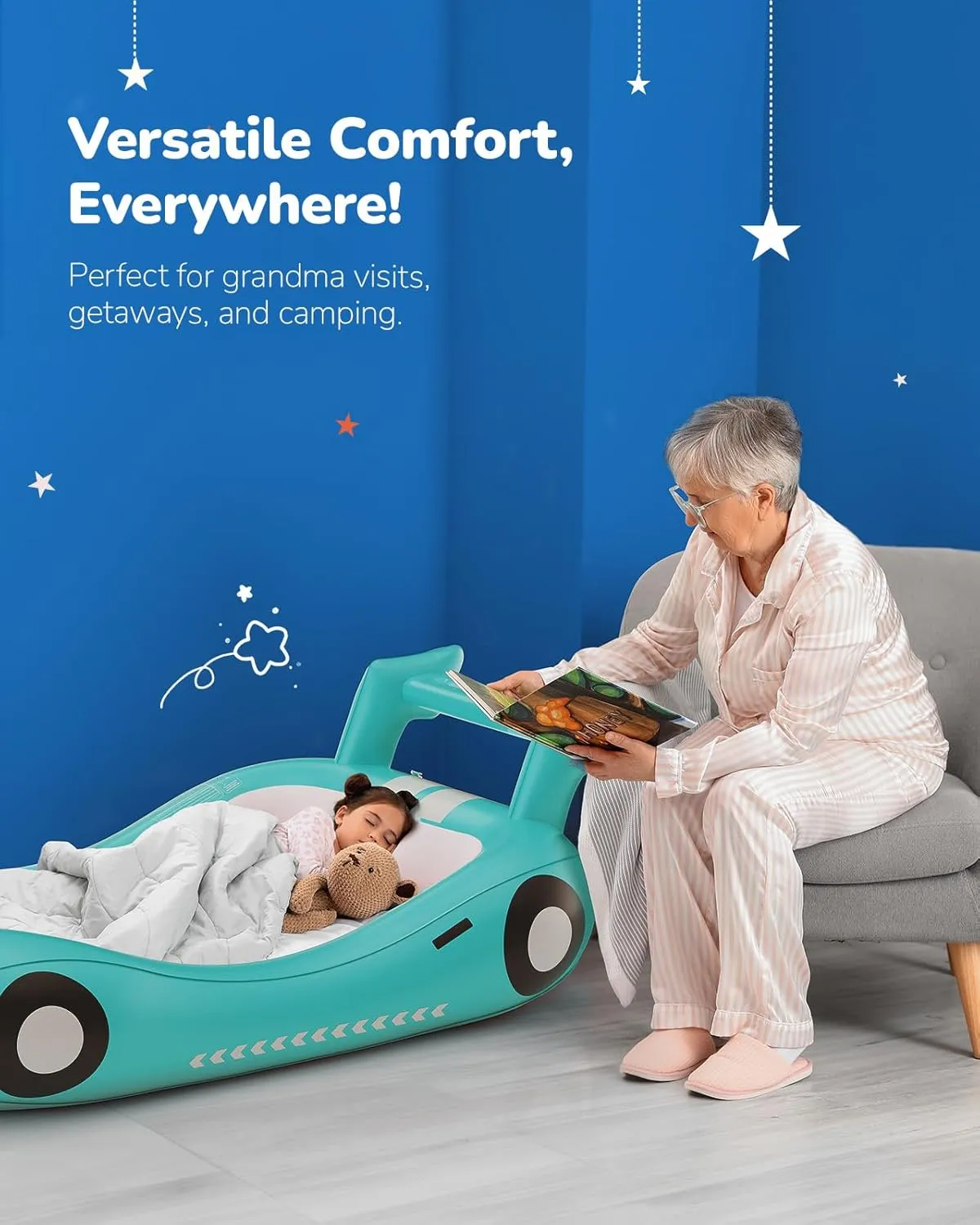 QPAU Inflatable Kids Bed, Toddler Travel Bed with Sides, for Camping, Traveling, Hotel, or Home Use, Hand Pump Included (Cyan)